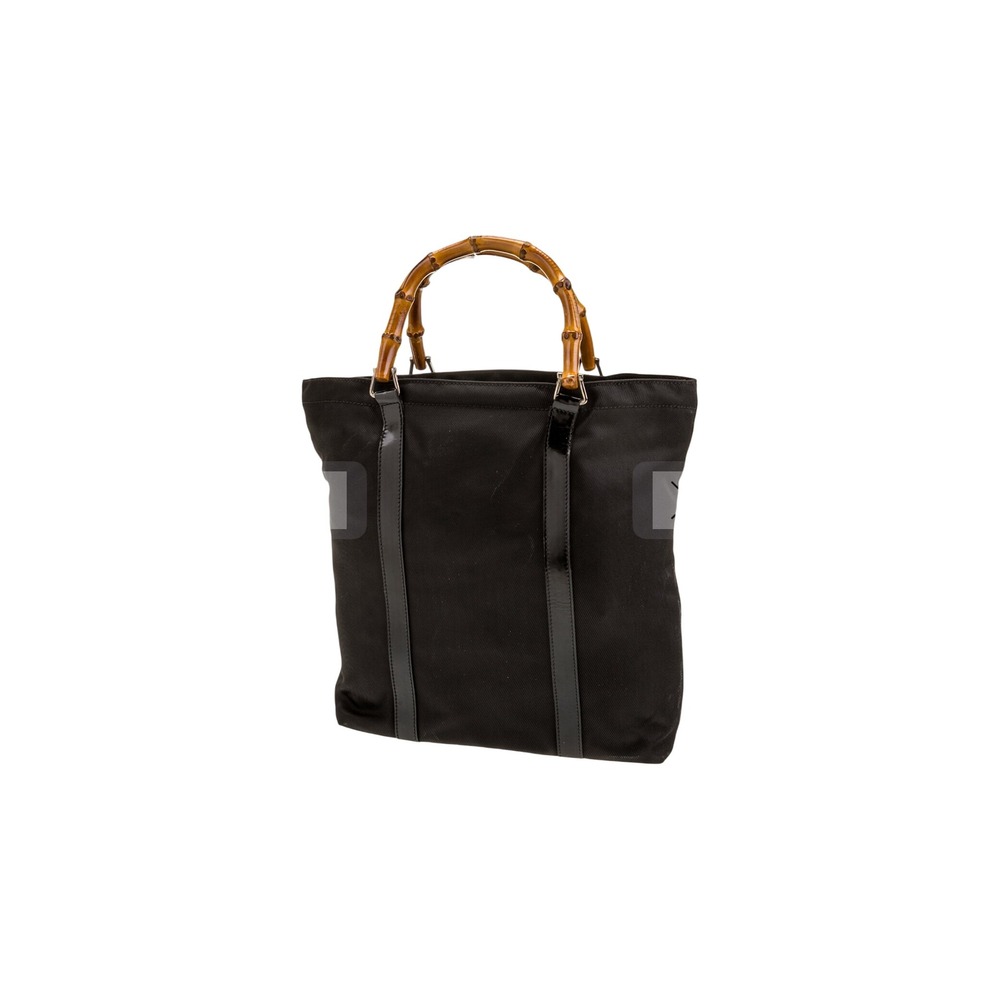 Gucci Bamboo Shopper Tote Women Black Canvas Patent Leather Excellent Vintage